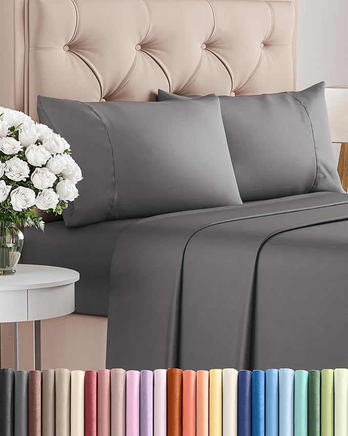 Twin 4 Piece Sheet Set - Cooling, Comfy & Breathable - Hotel Luxury Bedding, Includes Fitted Sheet for Women, Men, Kids & Teens - 1 Flat, 1 Fitted Sheet, 2 Pillowcases with Deep Pockets - Dark Grey
