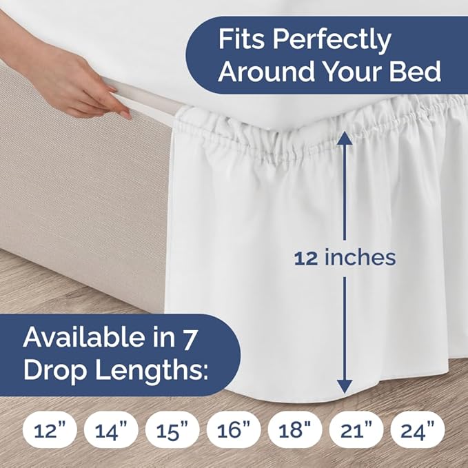 Wrap Around Dust Ruffle Bed Skirt - White - for King Size Beds with 12 Inch Drop - Easy Fit Elastic Strap - Adjustable Pleated Bedskirt w/Brushed Fabric - Wrinkle Free - for Women, Men, Kids & Teens