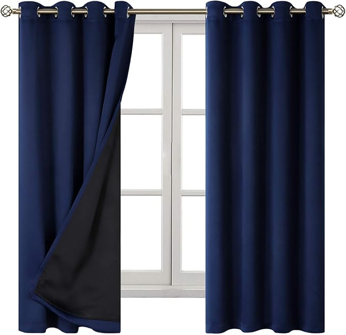 BGment Thermal Insulated 100% Blackout Curtains for Bedroom with Black Liner, Double Layer Full Room Darkening Noise Reducing Grommet Curtain (52 x 63 Inch, Navy Blue, 2 Panels)