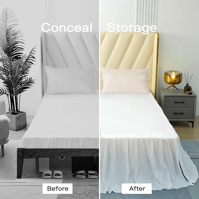 White Bed Skirt Queen Size Ruffled Bed Skirt with Split Corners, Queen Bed Skirt 22 Inch Drop, TSUTOMI Queen Size Bed Skirt White for Ruffled Bed Skirt with Split Corners, Bed Skirt Queen Size
