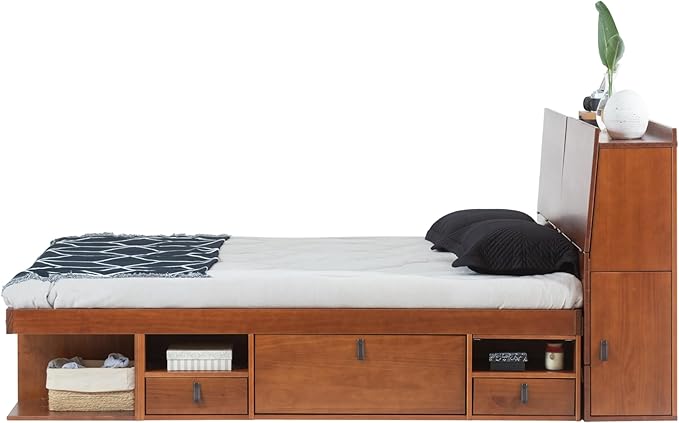 memomad Bali Set: Storage Platform Bed with Drawers + Bookcase Headboard (King Size, Caramel Brown Wood)
