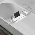 Bathtub Tray Caddy for Luxury Bath, Stainless Steel 26.8-35.4 in Expandable Extra Wide Bath Tub Tray with Natural Marble and Mobile/Tablet Stand, Ideal for Home Spa Lovers (Silver + White)