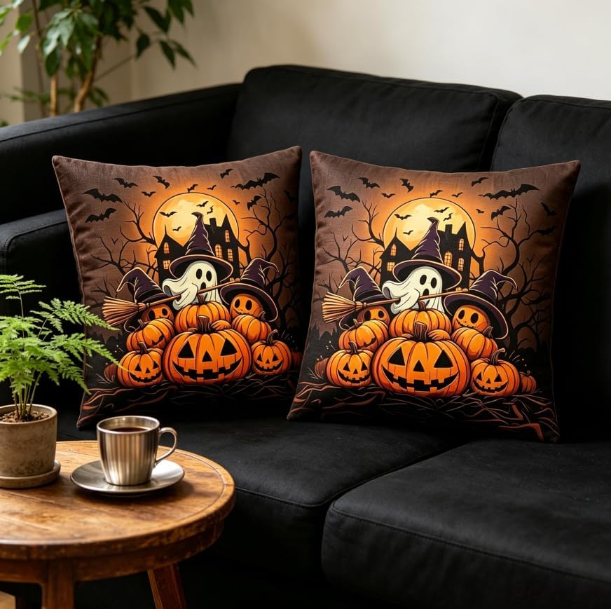 Halloween Throw Pillow Covers, 18x18 Inch, Ghost Pumpkin and Bat Design - Image 5