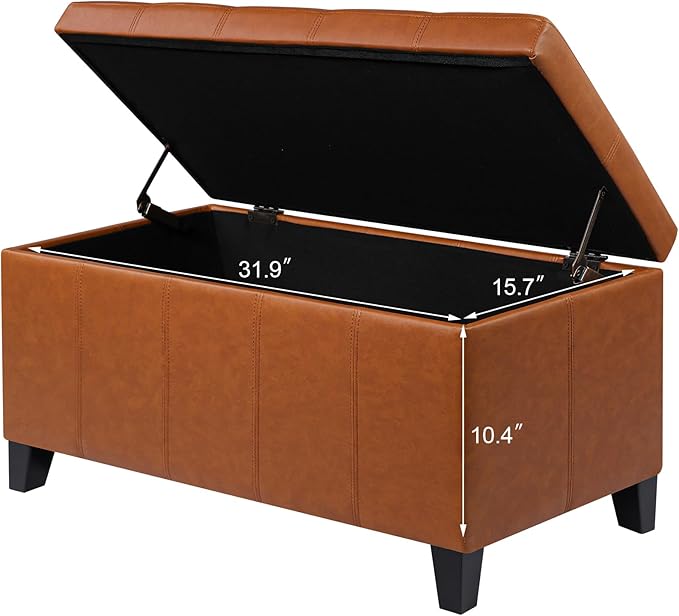 Joveco Storage Ottoman Bench, 33 Inches Faux Leather Rectangle Tufted Foot Stool for End Foot of Bed, Bedroom, Living Room, Ginger