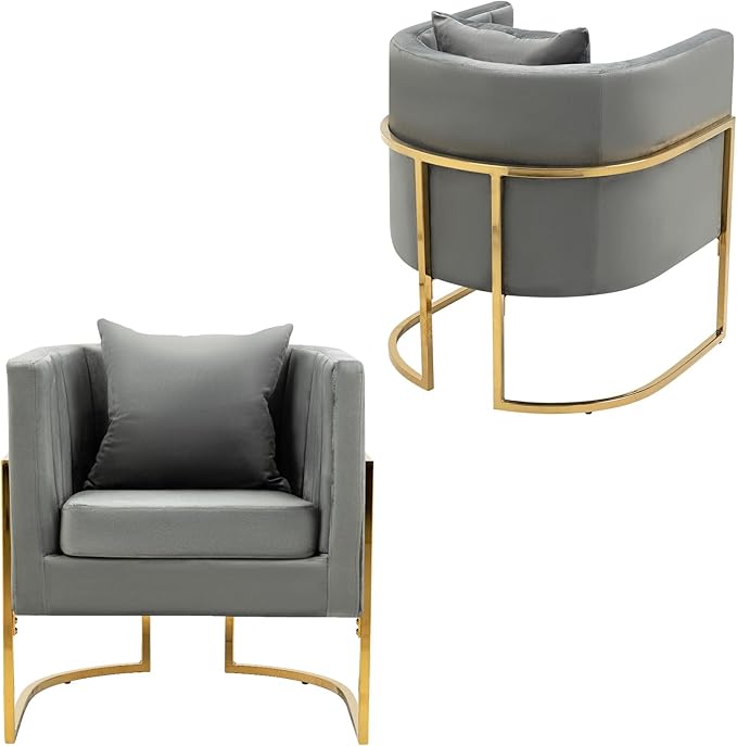 Velvet Modern Accent Chair, Upholstered Barrel Armchair Mid Century with Pillow for Living Room, Comfy Single Vanity Chair with Metal Gold Legs for Bedroom, Grey