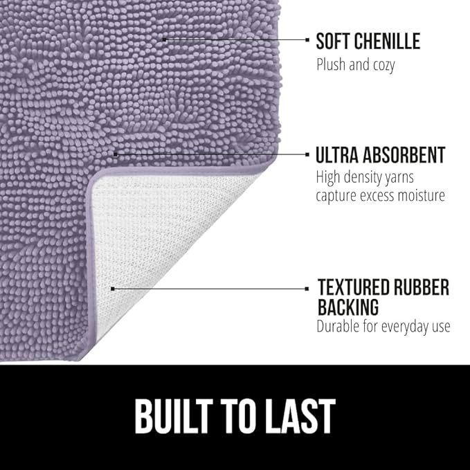 GORILLA GRIP Bath Rug Mat, Soft Absorbent Chenille, Quick Dry Microfiber Mats, Rubber Backing Washable Shower Floor Rugs, Bathmat Runner, US Designed Bathroom Home Decor Accessories 24x17 Light Purple