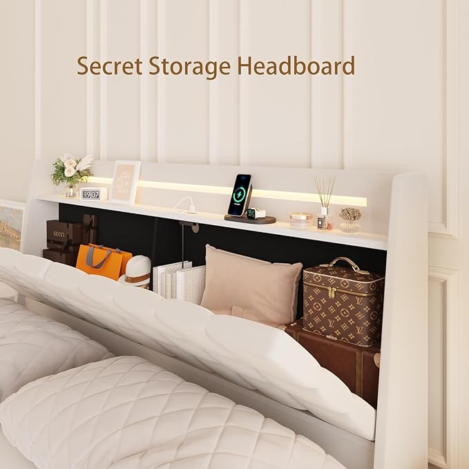 Floating King Size Bed Frame with RGB LED Lights & Charging Station, Upholstered Platform Bed with Hidden Storage Headboard & Shelves, Noise Free Heavy Duty Frame for Bedroom, Beige