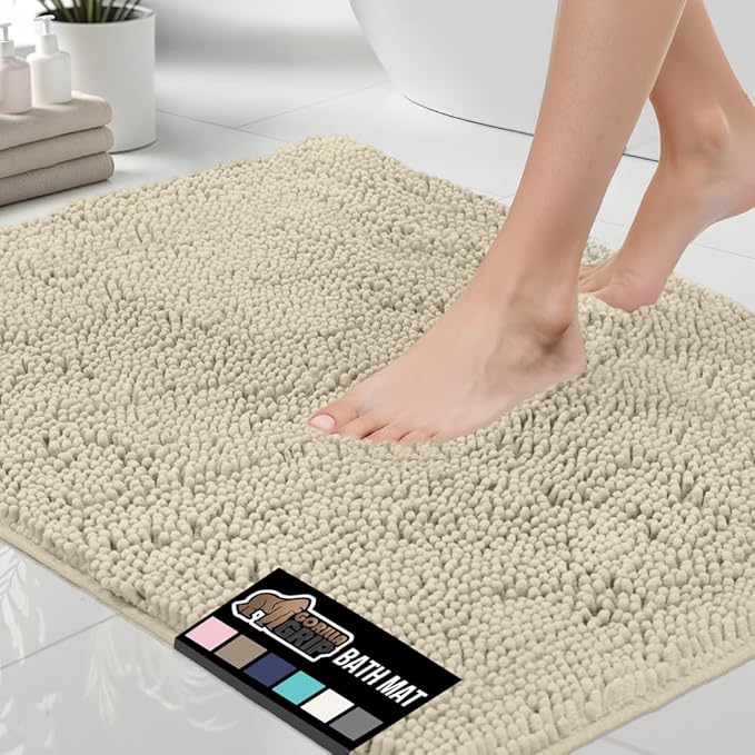 GORILLA GRIP Bath Rug Mat 44x26, Thick Soft Absorbent Chenille, Quick Dry Microfiber Mats, Rubber Backing Washable Shower Floor Rugs, Bathmat Runner, US Designed Bathroom Home Decor Accessories Sand