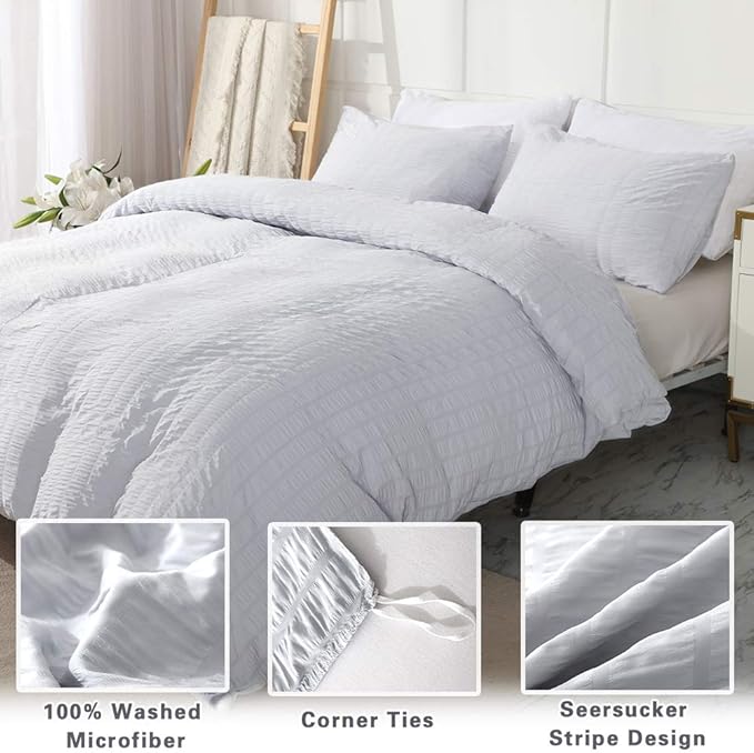 AveLom Light Gray Duvet Cover Full(80 x 90 inches), 3 Pieces (1 Duvet Cover, 2 Pillow Cases),Seersucker Tripe Soft Washed Microfiber Textured Duvet Cover Set with Zipper Closure, Corner Ties