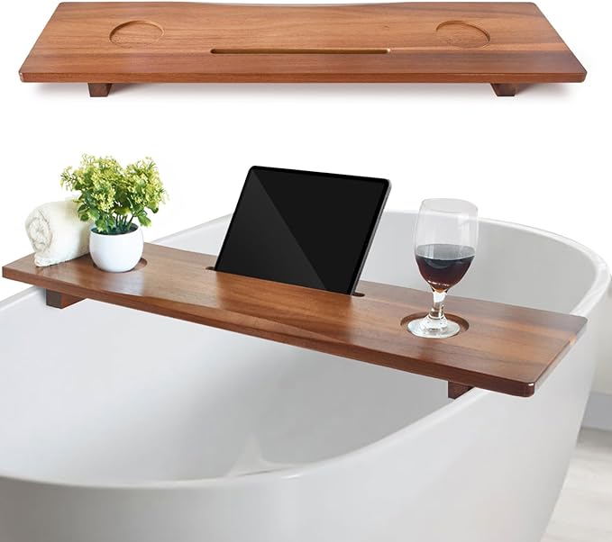 Luxe Premium Acacia Wood Bathtub Tray Caddy with Adjustable Legs, 35x9 Inch Large Wooden Bath Tub Board, Anti-Tipping Bath Shelf Over Tub, Bathtub Accessories