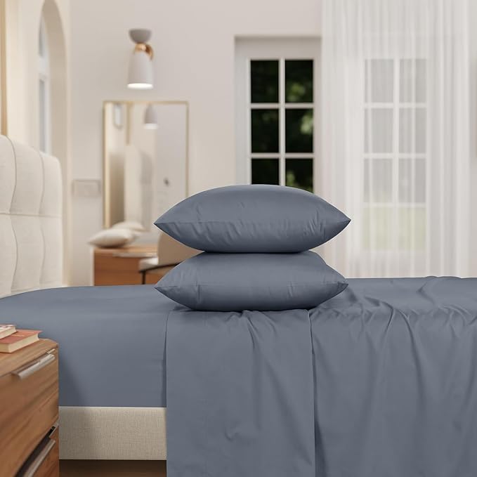 IZOD 100% Egyptian Cotton Sheets Set Twin Size, Cotton Percale Crisp Sheet Set 3Pc, Lightweight & Deep Pocket fits Upto 17", Long-Staple Soft Combed, Hotel Style Luxury Bedding Sheet - Blue Slate