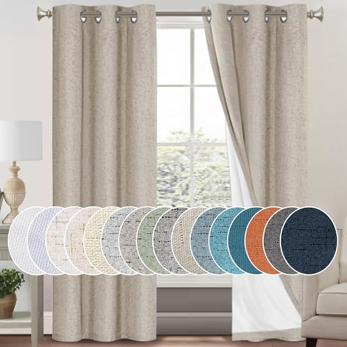 PrinceDeco 100% Blackout Curtains for Bedroom 84 Inches Long Linen Blackout Thermal Drapes Privacy Protection Room Darkening Window Curtain with White Liner, 2 Panels Set, W42 X L84,Stone