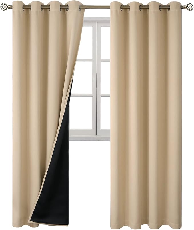 BGment 100% Blackout Curtains 108 Inch Long 2 Panles Set, Thermal Insulated Total Light Locking Soundproof Grommet Curtains & Drapes for Living Room with Black Liner, 52 Inch Wide Each, Beige