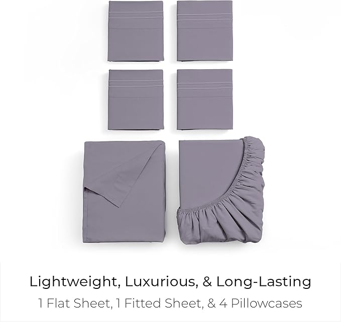 Mellanni California King Sheet Set - 6-Piece Iconic Collection Bedding, (Including 4 Pillowcases), 21-Inch Extra Deep Pocket, Easy Care, Ultra Soft, Cooling Sheets, Brushed Microfiber - Hazy Lilac
