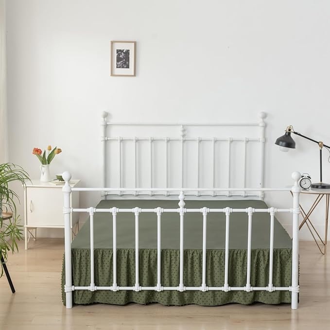 Tufted Dot Bed Skirt King Size Ruffled Bed Skirt with Split Corners, 18 Inch Drop Dust Ruffle Bed Skirts with Platform, Olive Green