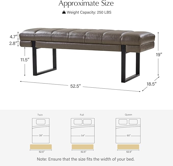HULALA HOME 53" Faux Leather Entryway Bench, Button Tufted End of Bed Bench Ottoman for Bedroom, Living Room with Metal Base, Grey