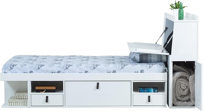 memomad Bali Set: Storage Platform Bed with Drawers + Bookcase Headboard (Twin Size, White Wood)