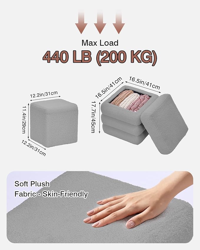 Square Set of 2 Sherpa Storage Ottoman Stool with Removeable lid,Load up to 440 lbs Footstool, Boucle Vanity Stool for Livingroom Bedroom Gray UASND69G