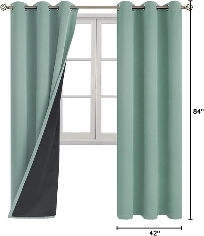 BGment Thermal Insulated 100% Blackout Curtains for Bedroom with Black Liner, Double Layer Full Room Darkening Noise Reducing Grommet Curtain (42 x 84 Inch, Frosty Green, 2 Panels)