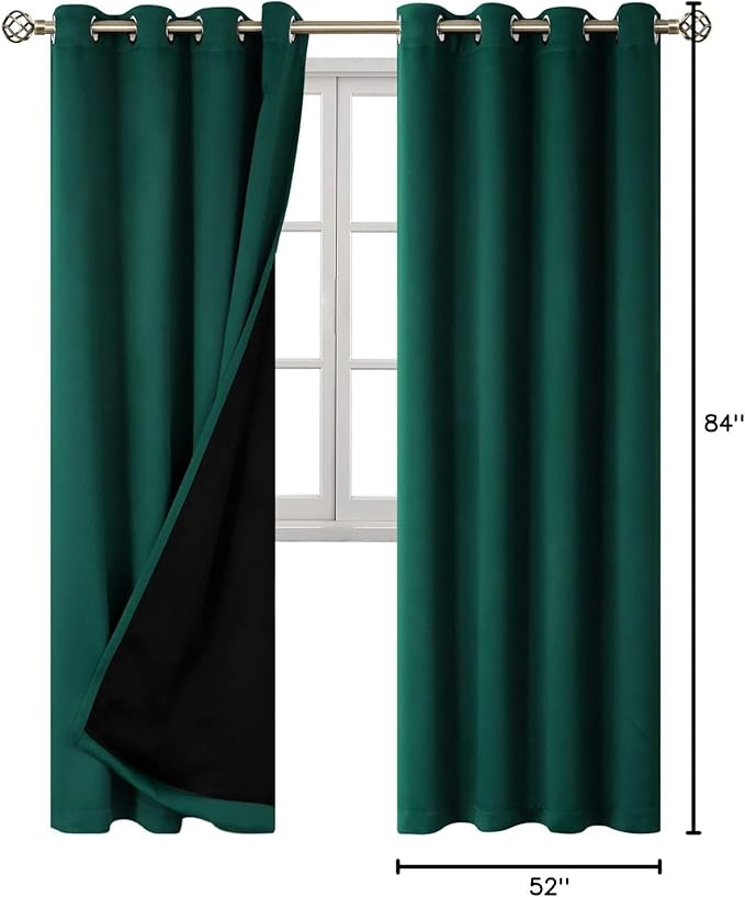 BGment Thermal Insulated 100% Blackout Curtains for Bedroom with Black Liner, Double Layer Full Room Darkening Noise Reducing Grommet Curtain (52 x 84 Inch, Emerald, 2 Panels)