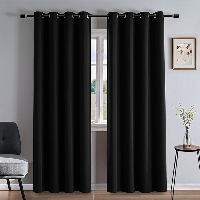 Curtains 90 Inches Long 2 Panels Set, Blackout Curtains for Bedroom Living Room, Thermal Insulated Grommet Room Darkening Drapes for Privacy Home Decor Windows(W52 x L90, Black)