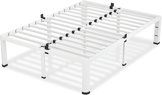 12 Inch White Queen Bed Frame, 3500Lbs Heavy Duty Metal Platform with Round Corner Legs Mattress Slide Stopper, Steel Slat Support No Box Spring Needed, Noise Free, Non-Slip, Easy Assembly
