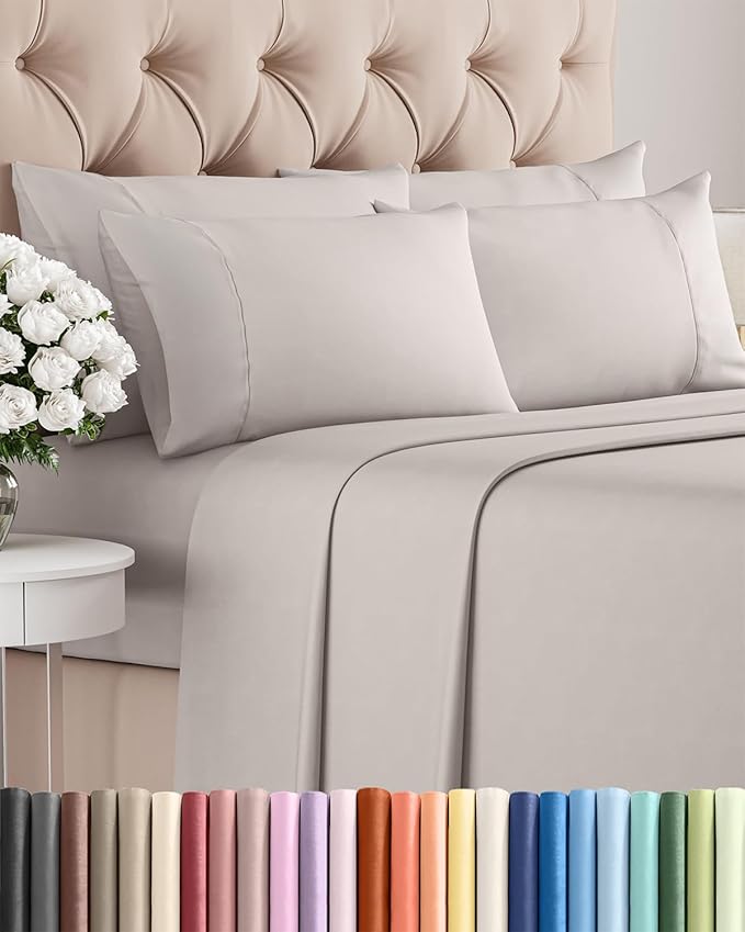 Queen 6 Piece Sheet Set - Cooling, Comfy & Breathable - Hotel Luxury Bedding, Includes Fitted Sheet for Women, Men, Kids & Teens - 1 Flat, 1 Fitted Sheet, 4 Pillowcases with Deep Pockets - Light Grey