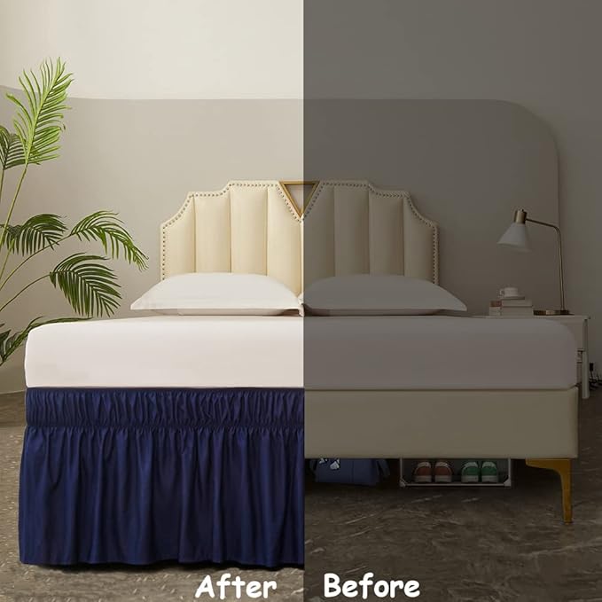 MEILA Wrap Around Bed Skirt Three Fabric Sides Elastic Dust Ruffled 24 Inch Tailored Drop,Easy to Install Fade Resistant-Navy Blue, Twin/Full