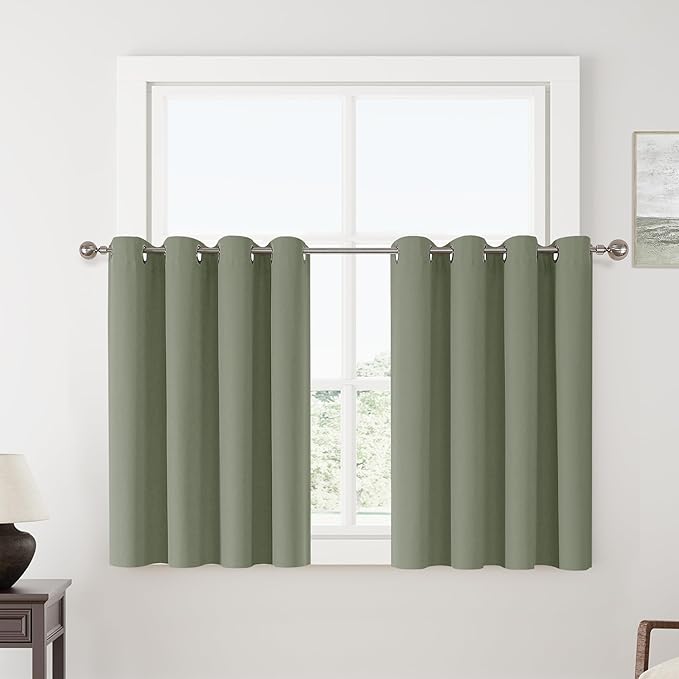 ChrisDowa 100% Blackout sage Solid Curtains 45 Inches Long 2 Panels for Bedroom Living Room,Farmhouse Room Darkening Thermal Insulated Soundproof Grommet Top Window Treatment Drapes,52x45