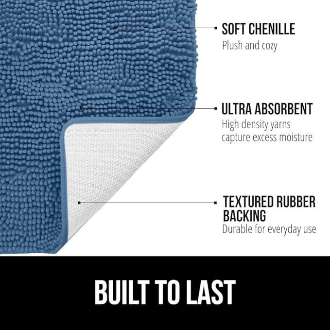 GORILLA GRIP Bath Rug Mat 60x17, Thick Soft Absorbent Chenille, Quick Dry Microfiber Mats, Rubber Backing Washable Shower Floor Rugs, Bathmat Runner, US Designed Bathroom Home Decor Accessories Blue