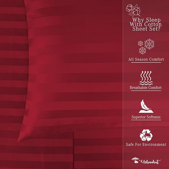 URBANHUT 800 Thread Count 100% Cotton Damask King Size Sheets, 4 Piece Striped King Size Bedsheets, Luxury Hotel Sheets Sateen Weave - Better Than Egyptian, 16" Elasticized Deep Pocket- Burgundy