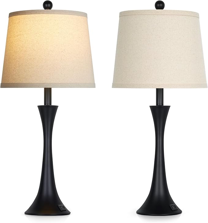 27.5" Black table Lamps for Living Room, Touch Control 3-Way Dimmable Bedside Nightstand Lamps Bedroom Lamp,Modern Black Table Lamp with USB A+C Ports,Tall Lamps for Living Room End Table（1Pack）