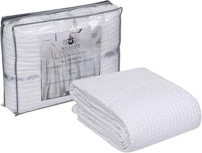 HILLFAIR 100% Combed Cotton Blanket– Queen Size Bed Blanket– Warm Soft All Season Breathable Lightweight Summer Blankets– Waffle Weave Home Decor Bed Blanket- White Queen Bed Cotton Blankets/Bedcover