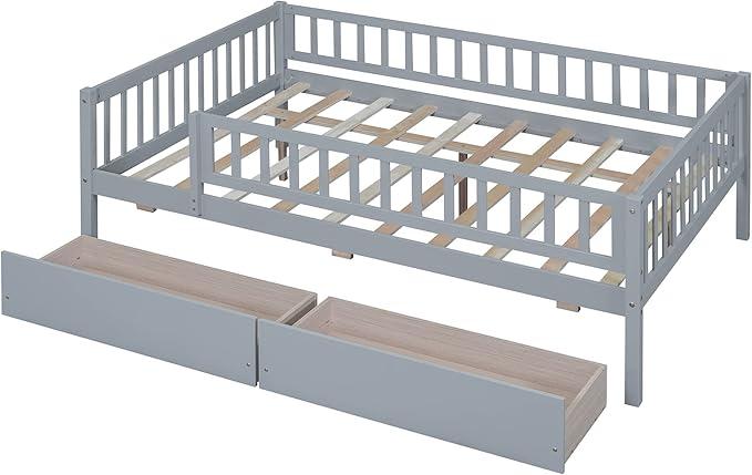 Bellemave Full Size Bed Frames with Rails for Kids, Full daybed Frame with Drawers for Boys/Girls/Adults， Gray