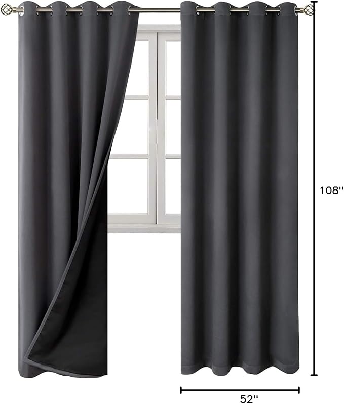 BGment 100% Blackout Curtains 108 Inch Long 2 Panles Set, Thermal Insulated Total Light Locking Soundproof Grommet Curtains & Drapes for Living Room with Black Liner, 52 Inch Wide Each, Dark Grey
