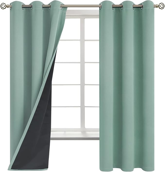 BGment Thermal Insulated 100% Blackout Curtains for Bedroom with Black Liner, Double Layer Full Room Darkening Noise Reducing Grommet Curtain (42 x 63 Inch, Frosty Green, 2 Panels)