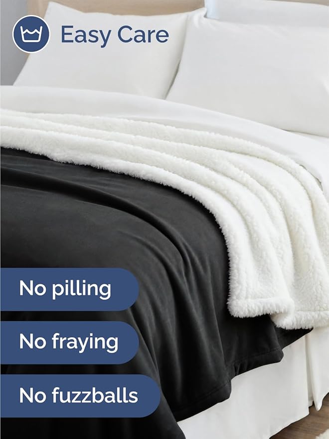Sherpa Fleece Blanket Queen Size - Reversible Sherpa Fleece Queen Blanket - Super Soft Double Sided for Bed, Sofa, Couch - Thick, Warm, Fuzzy & Plush - Luxurious Bedding for Winter - Black, 90" x 90"