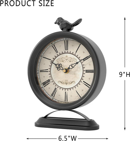 Vintage Table Clock with Bird, European Antique Style Black Mantel Clocks, Desk and Shelf Decor Clock, for Farmhouse, Bedside, Living Room, Bedroom, Gift (9" H x 6.5" W)
