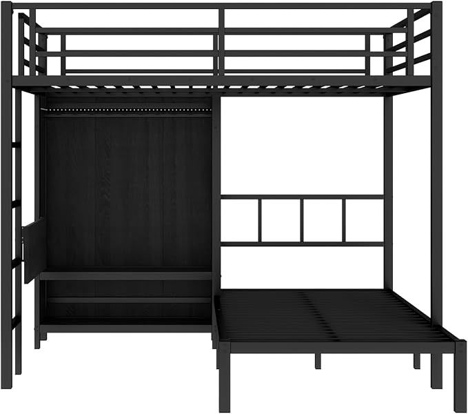 Full XL Over Twin Metal Bunk Bed with Folding Desk, Closet LED,Space-Saving/Noise Reduced, Black Modern Style Multi-Functional Storage Needs Space-Saving Noise Reduced