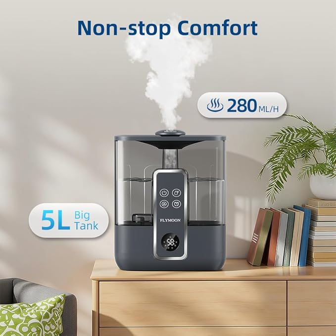 FLYMOON Humidifier for Bedroom, Mist Humidifiers with 5L Large Capacity, Top Fill, 28dB, Humidifier with 3 Mist Levels, Leak-Proof, 12H Timer, App Control, Black