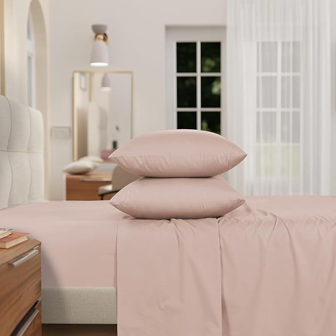 IZOD 100% Egyptian Cotton Sheets Set Full Size, Cotton Percale Crisp Sheet Set 4Pc, Lightweight & Deep Pocket fits Upto 17", Long-Staple Soft Combed, Hotel Style Luxury Bedding Sheet - Blush Rose