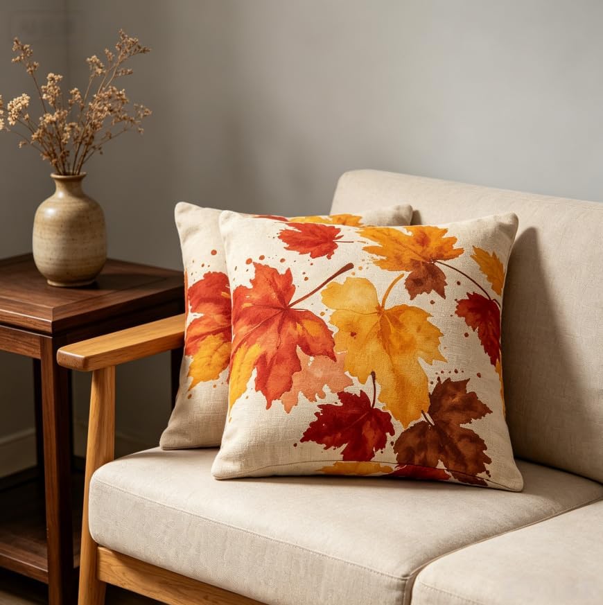 Fall Throw Pillow Covers, Autumn Maple Leaf Watercolor Print, 18x18 Inch - Image 6