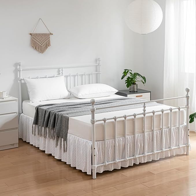 Tufted Dot Bed Skirt Queen Size Ruffled Bed Skirt with Split Corners, 12 Inch Drop Dust Ruffle Bed Skirts with Platform, White