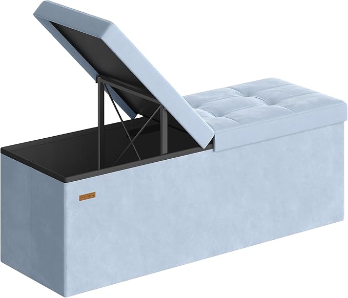 SONGMICS Mazie Collection - 43 Inches Storage Ottoman, Foldable Storage Bench with Flipping Lid, 660 lb Load Capacity, for Entryway, Living Room, Bedroom, Velvet Fabric, Pale Blue ULSF078QQ03