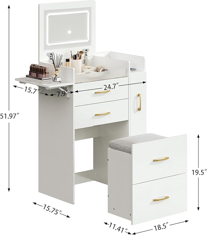 Small Vanity Desk,Compact Vanity Set with Power Outlet,3 in 1 Makeup Vanity with Lights with 3 Modes Lighting,Plip Mirror,Sliding Cabinet,Storage Stool,Dressing Table,White Vanity PT01DTM