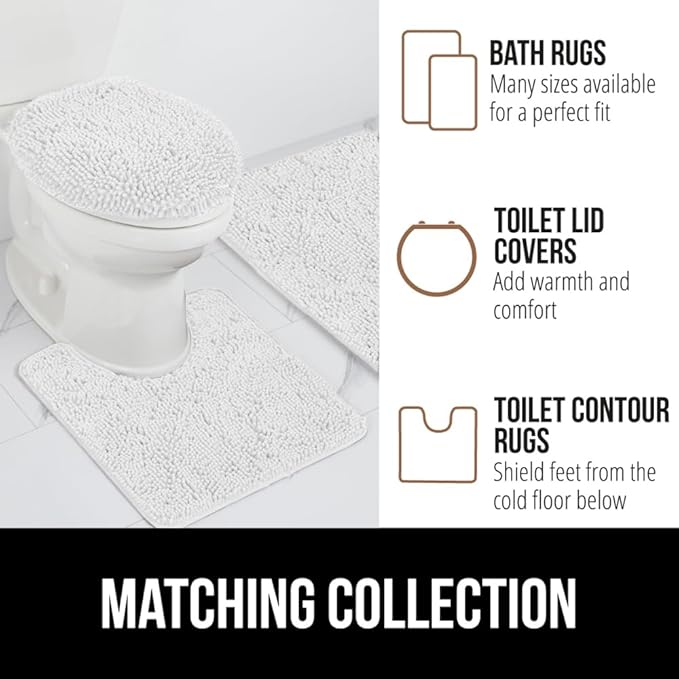 GORILLA GRIP Bathroom Rug Sets 3 Piece, Bath Mat Set and Oval Toilet Base with Rubber Backing, Plush Absorbent Shaggy Chenille Washable Mats, Includes 24x19.5, 24x17 and 36x24 Inch Rugs, White