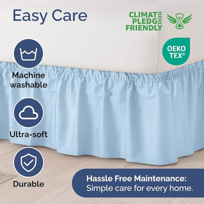 Wrap Around Dust Ruffle Bed Skirt - Light Blue - for Full Size Beds with 12 Inch Drop - Elastic Strap - Adjustable Pleated Bedskirt with Brushed Fabric and Wrinkle Free - for Women, Men, Kids & Teens