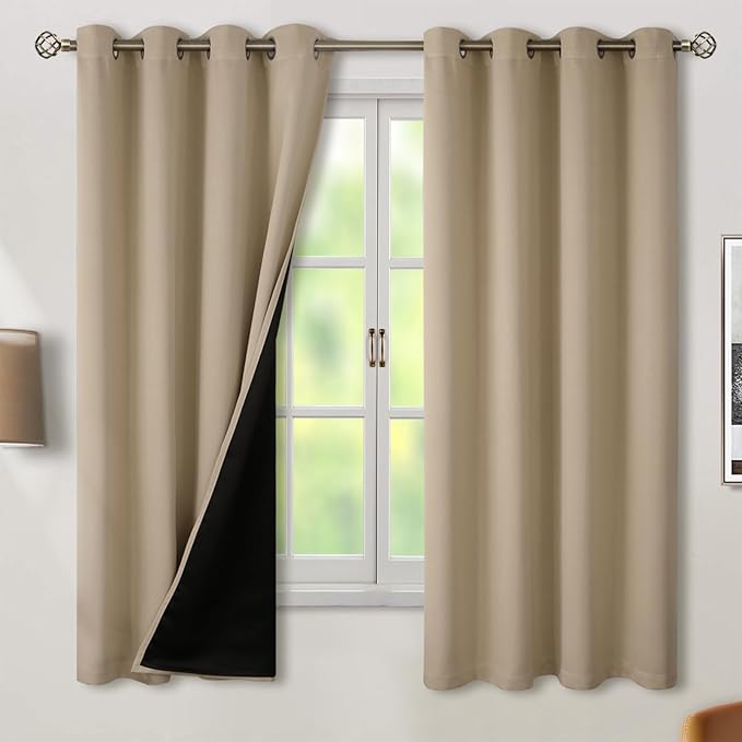 BGment Thermal Insulated 100% Blackout Curtains for Bedroom with Black Liner, Double Layer Full Room Darkening Noise Reducing Grommet Curtain (52 x 63 Inch, Sand, 2 Panels)