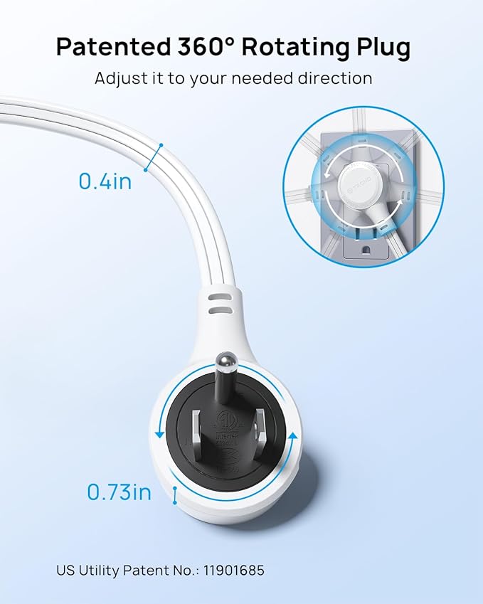 TROND Flat Extension Cord 6ft with 360° Rotating Plug, Low Profile Small Power Strip, 3 Prong Grounded Outlets Cube, 13A, SPT 16/3 Gauge Cable, for Indoor Home Office Cruise Travel Essentials, White