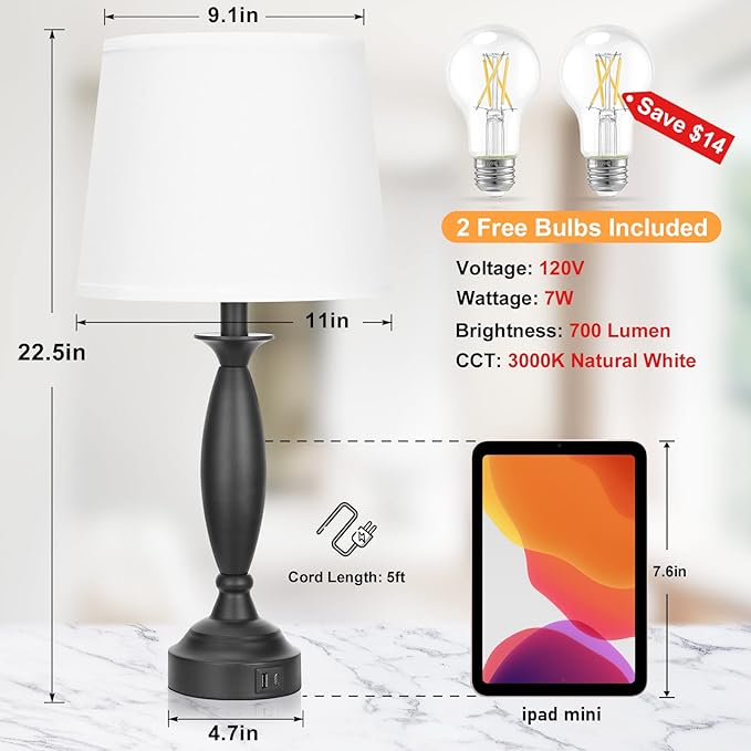 Seealle White Lamps for Bedrooms Set of 2 - Touch Control Bedside Lamp with USB C+A, 3 Way Dimmable Nightstand Lamps with USB Port, Table Lamp for Living Room(White Shade and Black Base)